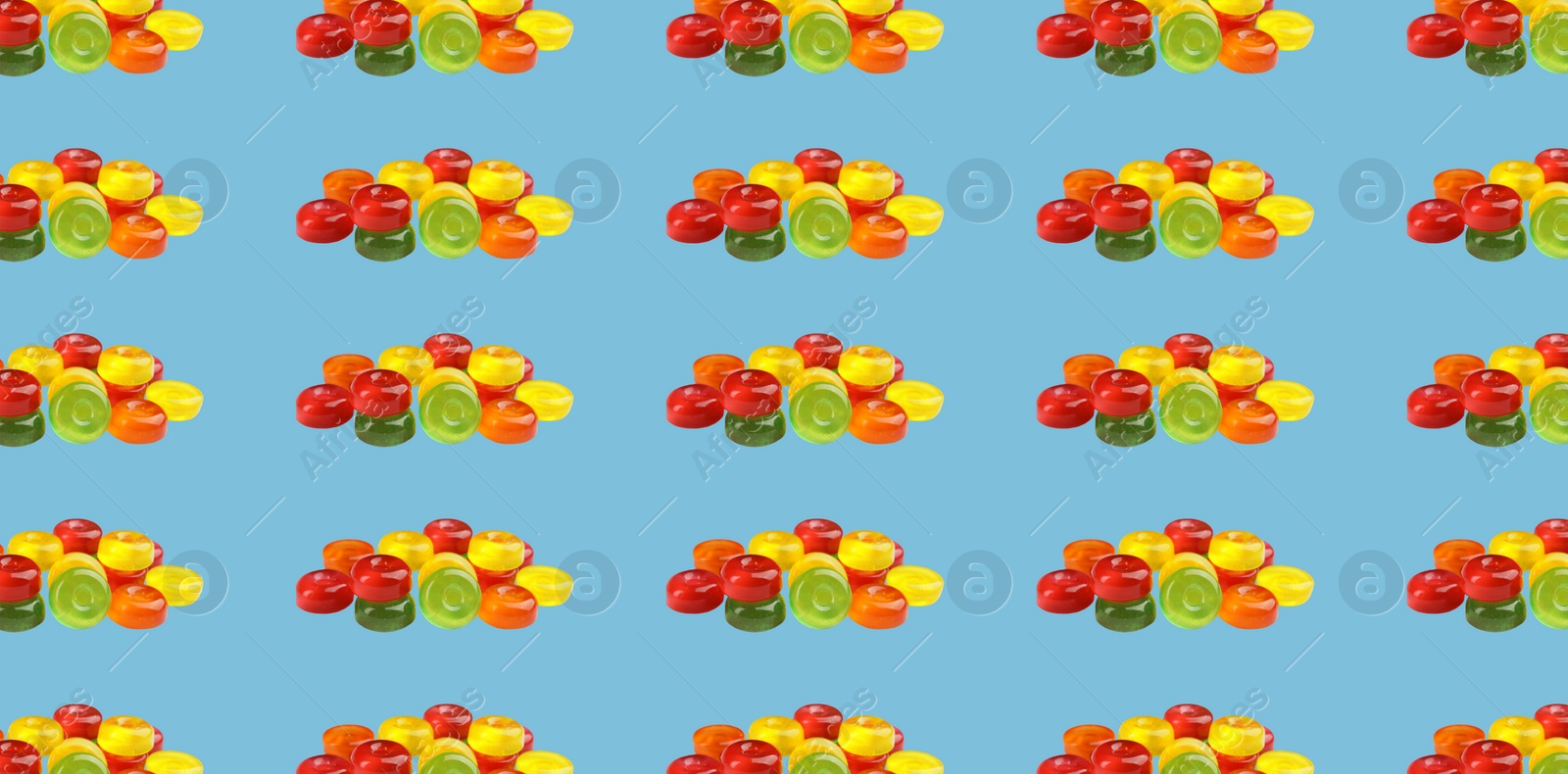 Image of Collage with tasty candies on light blue background, pattern design