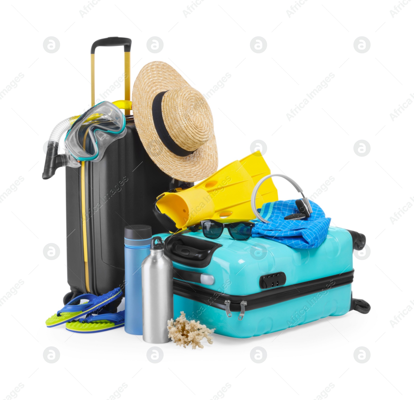 Photo of Suitcases and different beach accessories isolated on white. Summer vacation