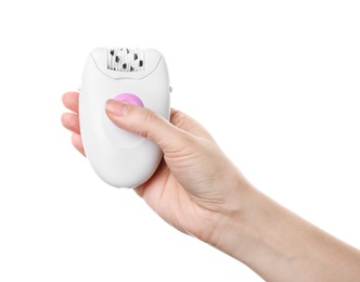 Woman holding modern epilator on white background, closeup