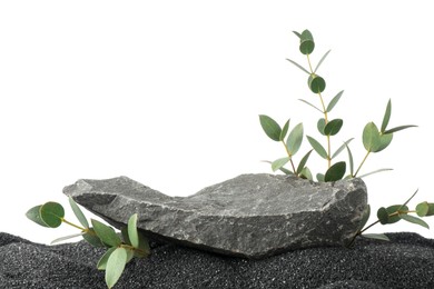 Photo of Presentation of product. Stone podium and green branches on black sand against white background