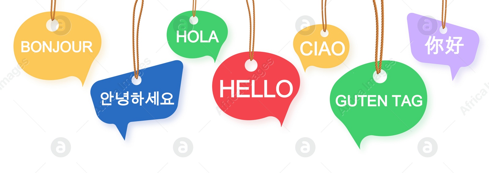 Illustration of Speech bubbles with greeting words in different foreign languages on white background. Banner design