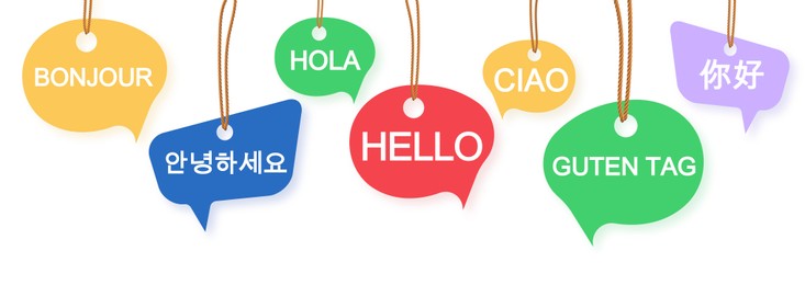 Illustration of Speech bubbles with greeting words in different foreign languages on white background. Banner design