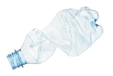 Photo of Crumpled disposable plastic bottle isolated on white