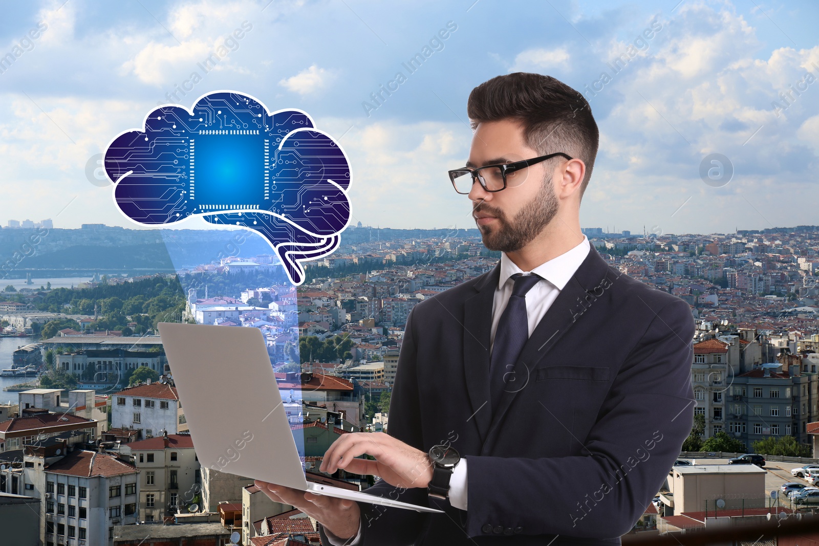 Image of Young man using laptop with virtual image of brain and cityscape on background. Machine learning concept 