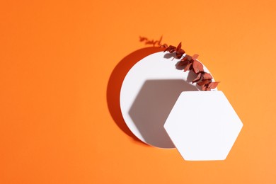 Photo of Product presentation scene with space for text. Podiums of different geometric shapes and dry eucalyptus branch on orange background, top view