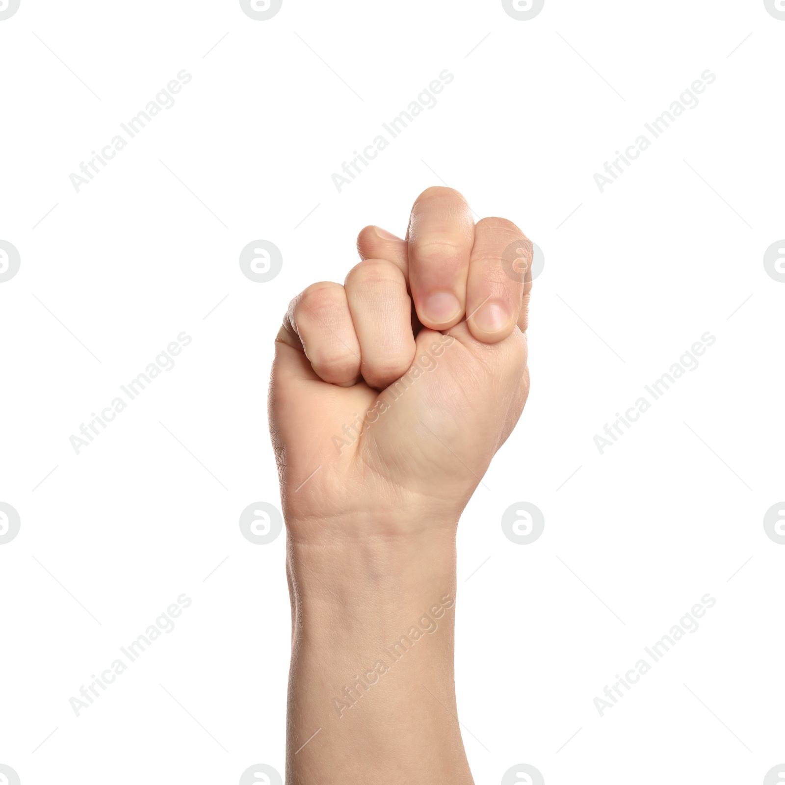 Photo of Man showing N letter on white background, closeup. Sign language
