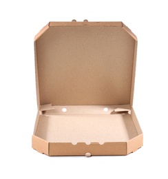 Open cardboard pizza box on white background. Food delivery