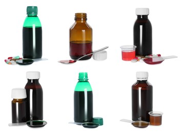 Image of Set with cough syrup on white background