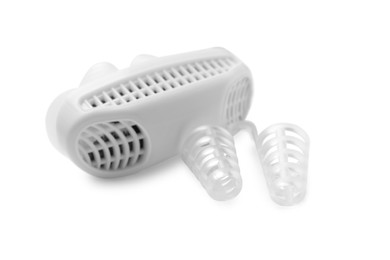 Photo of Different anti-snoring devices for nose on white background