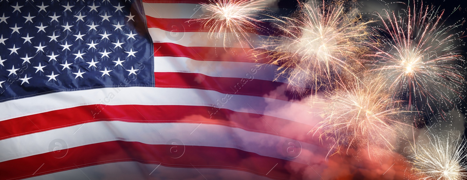 Image of American flag and fireworks, banner design. Independence Day of USA