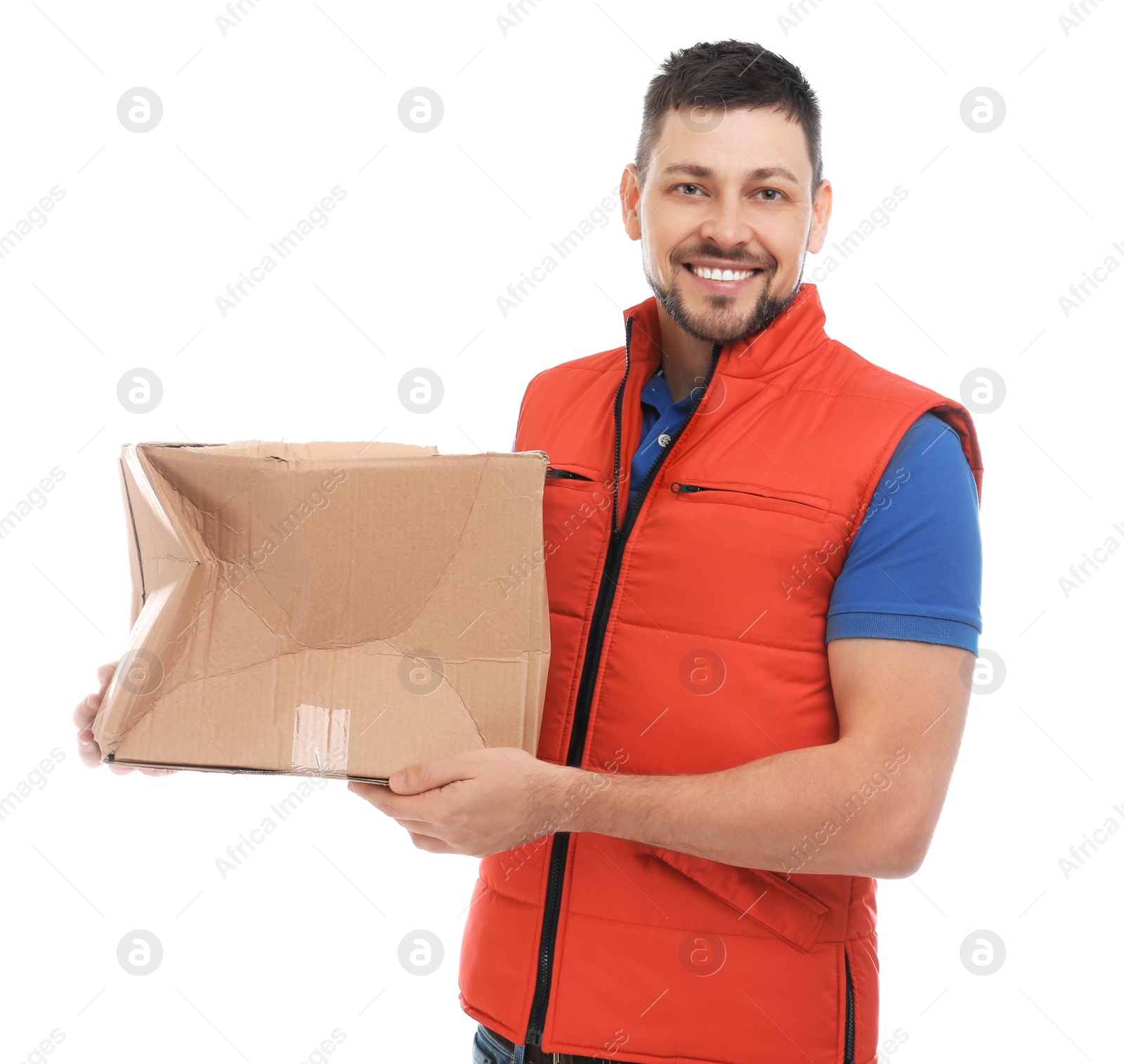 Photo of Courier with damaged cardboard box on white background. Poor quality delivery service