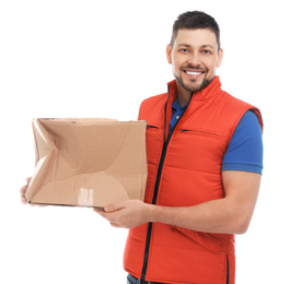 Photo of Courier with damaged cardboard box on white background. Poor quality delivery service