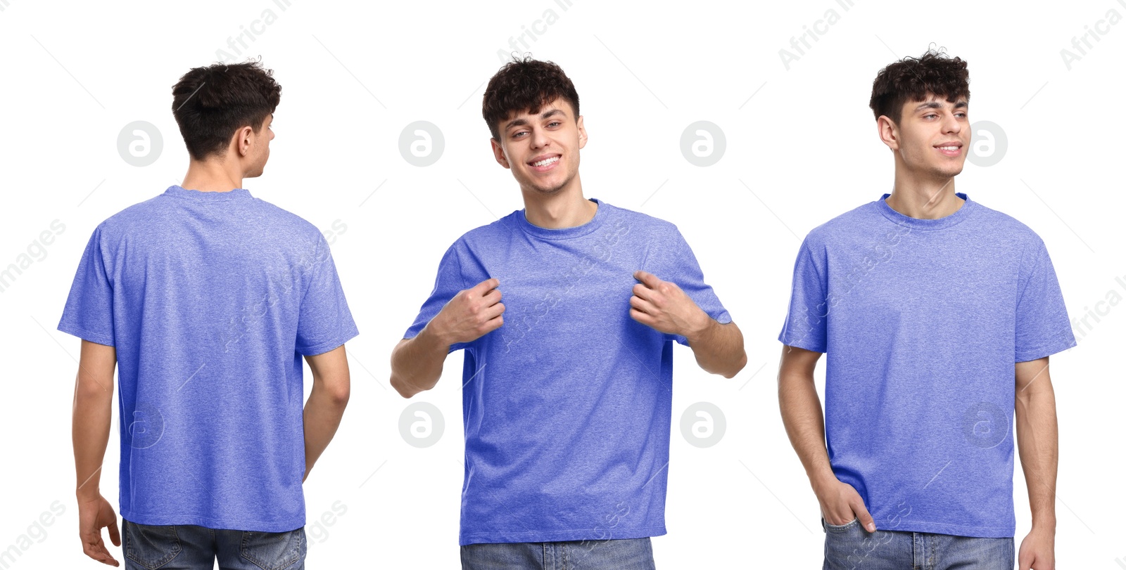 Image of Collage with photos of man in color t-shirt on white background, back and front views. Mockup for design