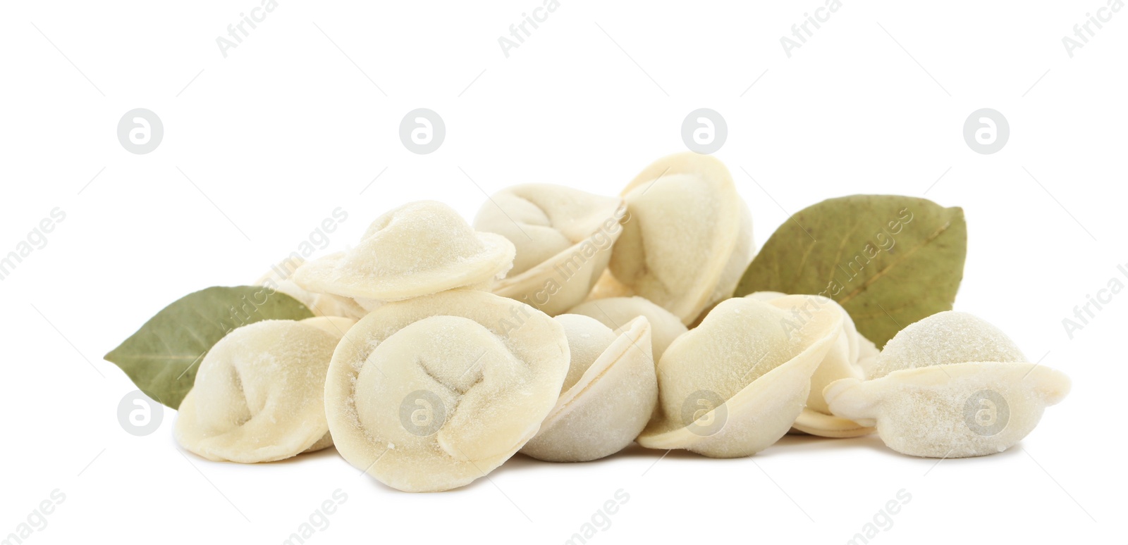 Photo of Raw meat dumplings with bay leaves on white background