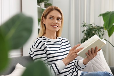 Woman reading book on sofa near beautiful potted houseplants at home