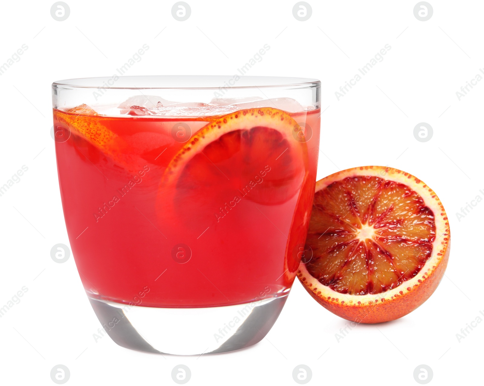 Photo of Tasty sicilian orange juice with ice cubes in glass and fruit on white background