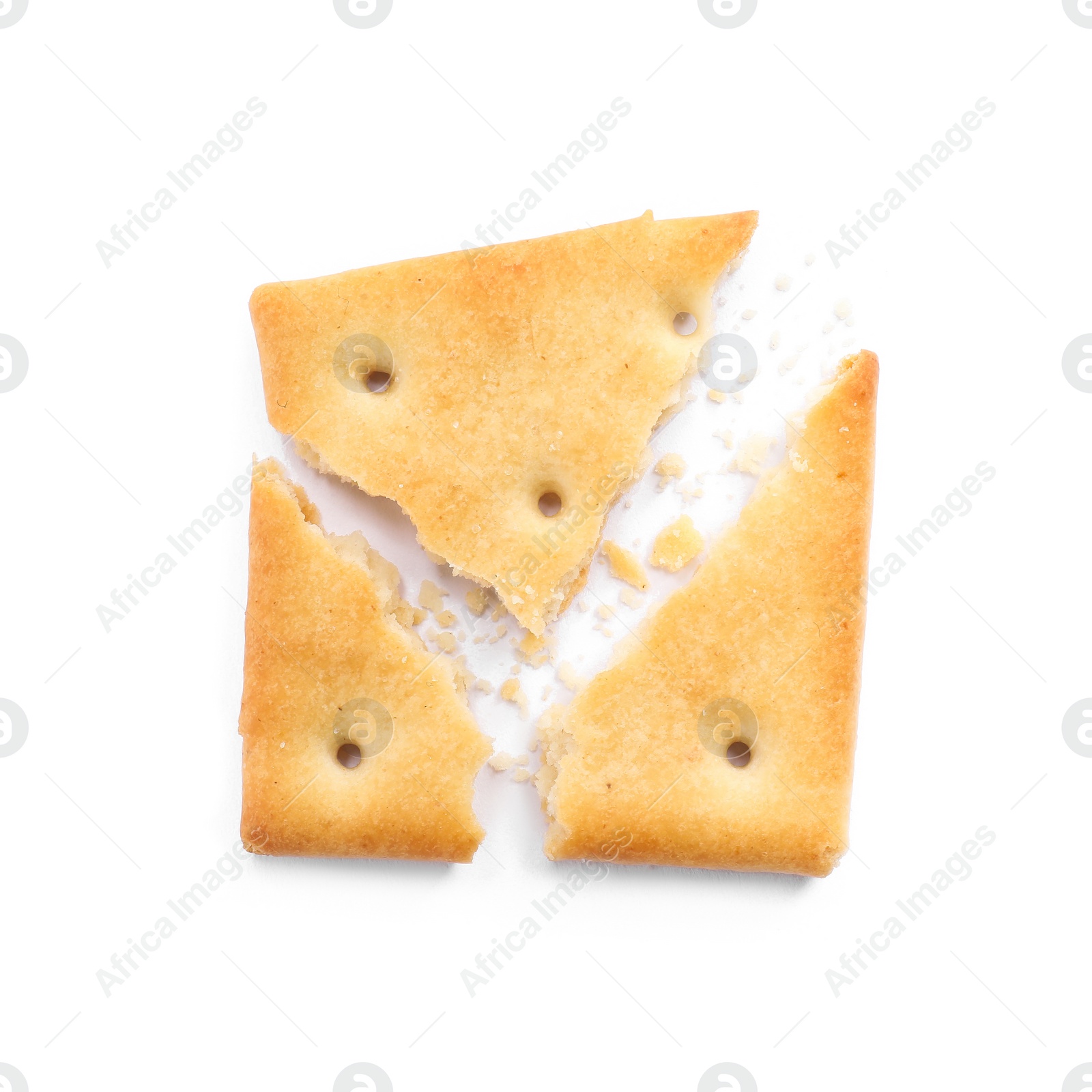 Photo of Crispy broken cracker isolated on white, top view