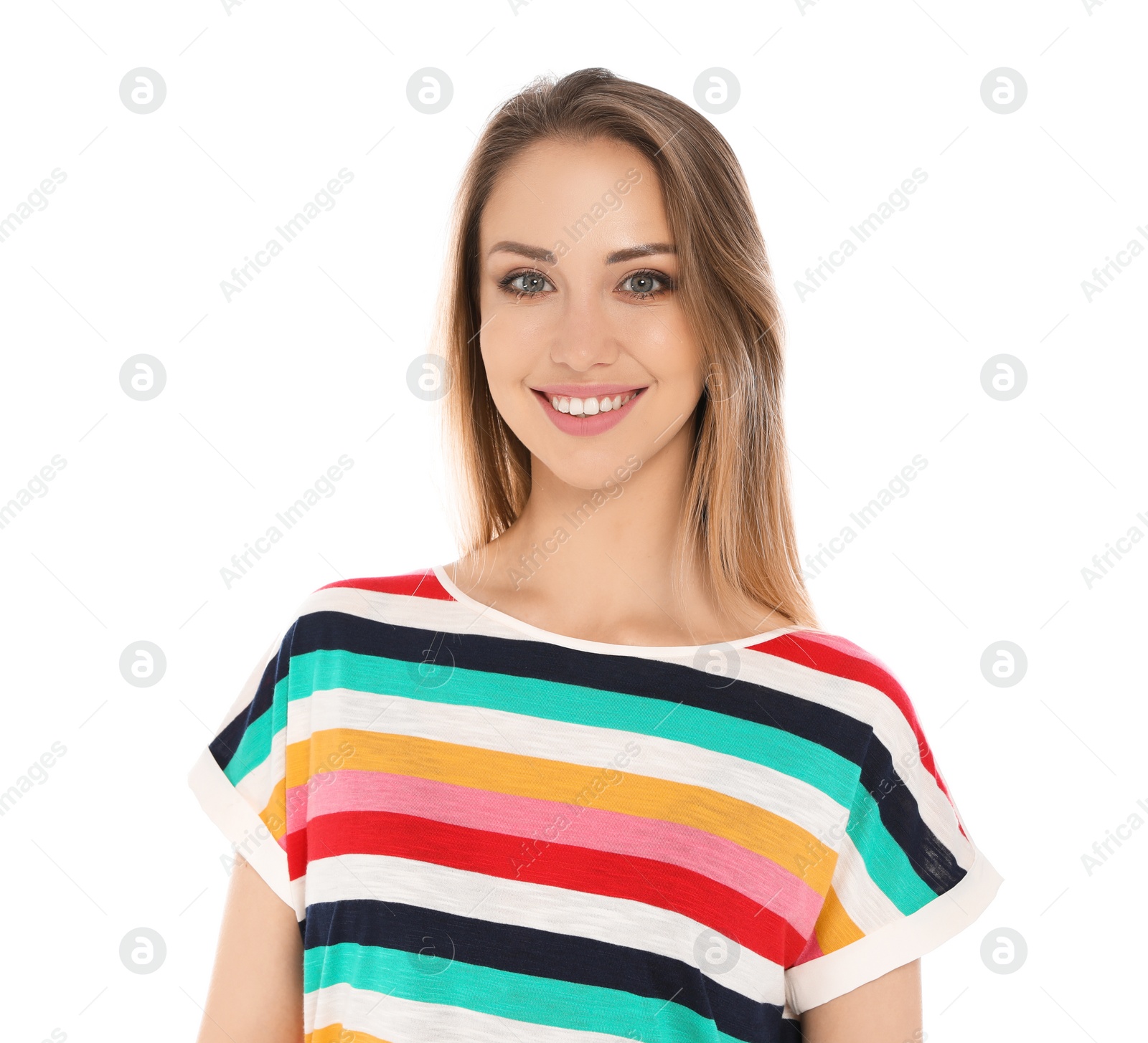 Photo of Portrait of beautiful smiling woman on white background