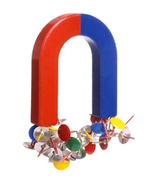 Horseshoe magnet attracting colorful drawing pins on white background