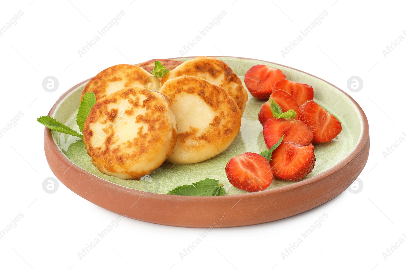 Photo of Plate with delicious cottage cheese pancakes, fresh strawberries and mint on white background