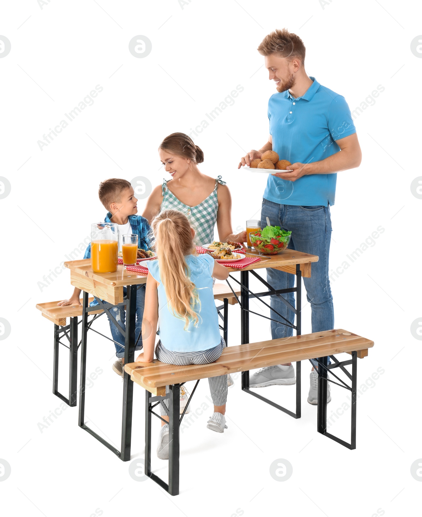 Photo of Happy family having picnic at table on white background