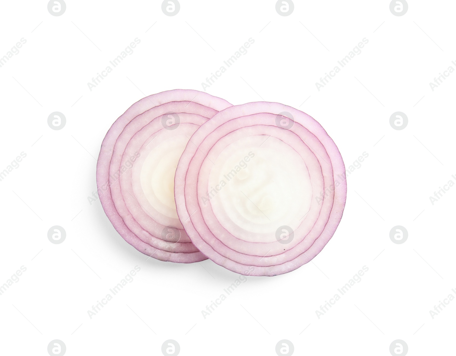 Photo of Fresh slices of red onion on white background