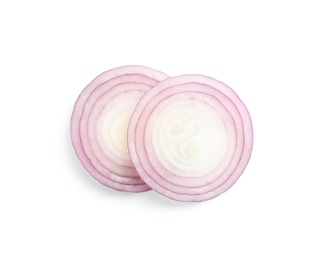 Photo of Fresh slices of red onion on white background