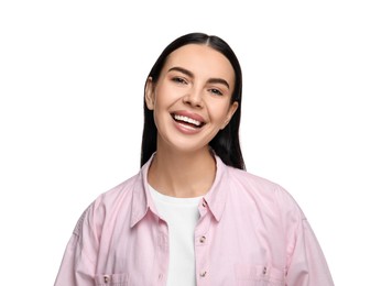 Beautiful woman with clean teeth smiling on white background