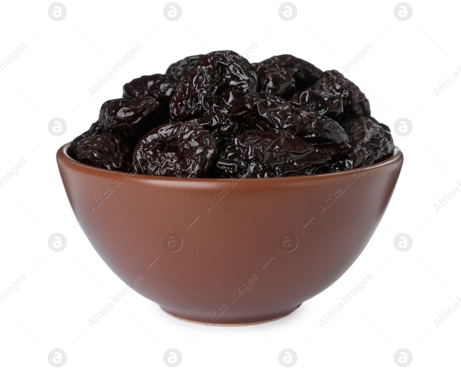 Photo of Bowl with sweet dried prunes isolated on white