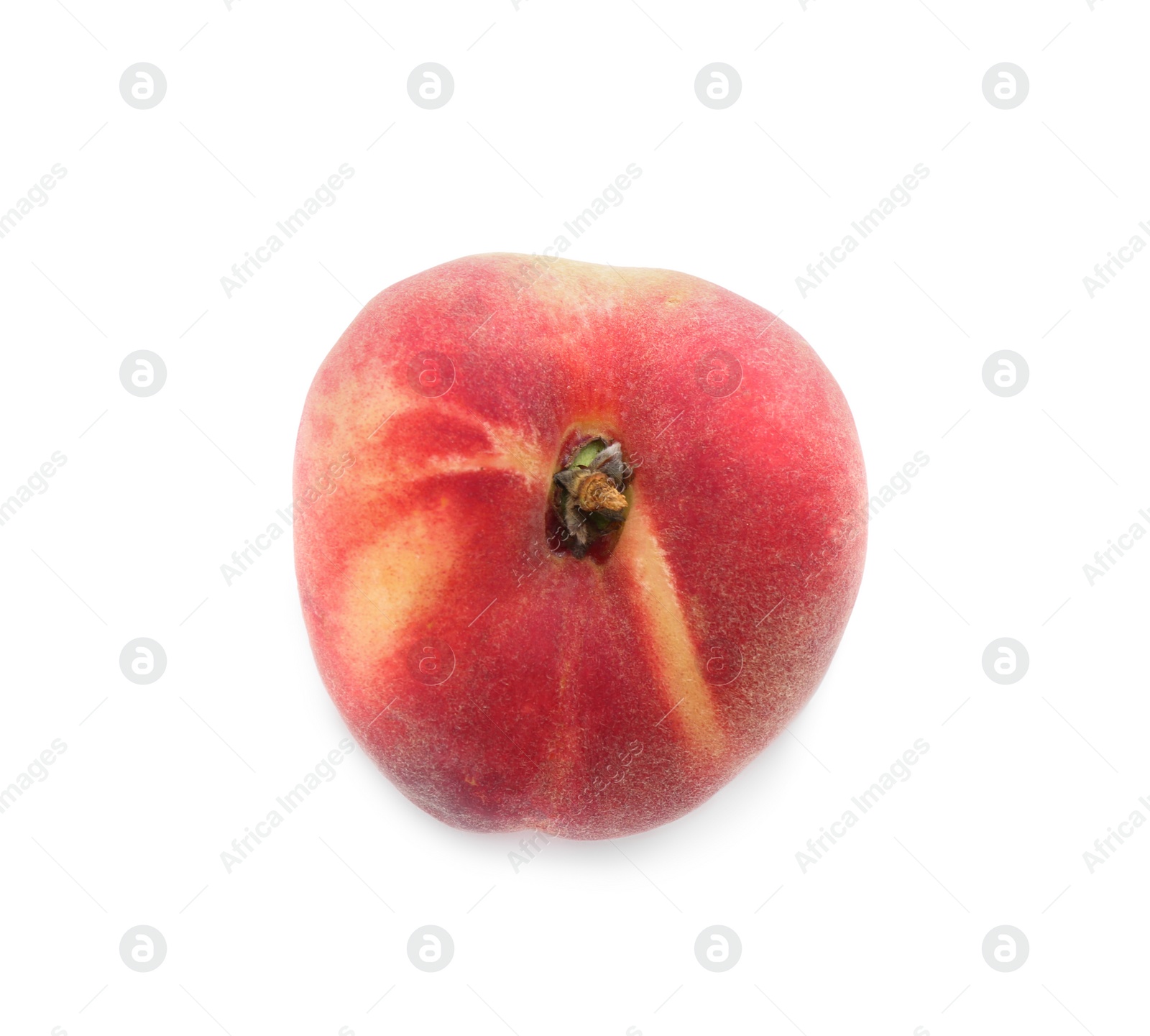 Photo of Fresh ripe donut peach isolated on white, top view