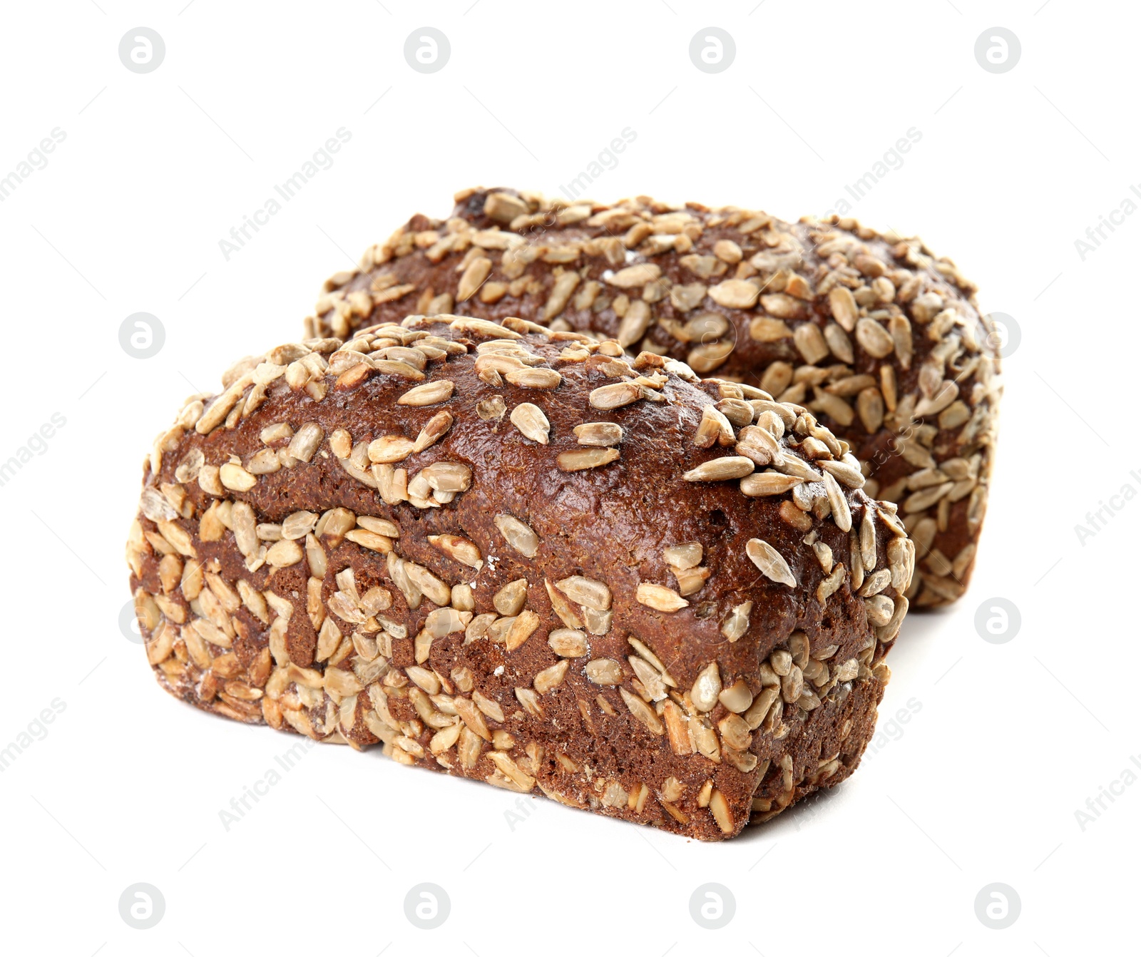 Photo of Loaves of rye bread with sunflower seeds isolated on white