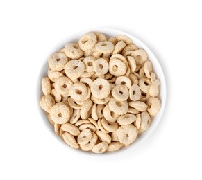 Photo of Tasty cereal rings in bowl isolated on white, top view