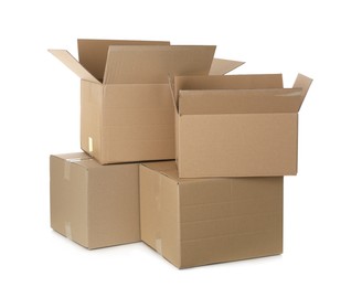 Photo of Pile of cardboard boxes on white background