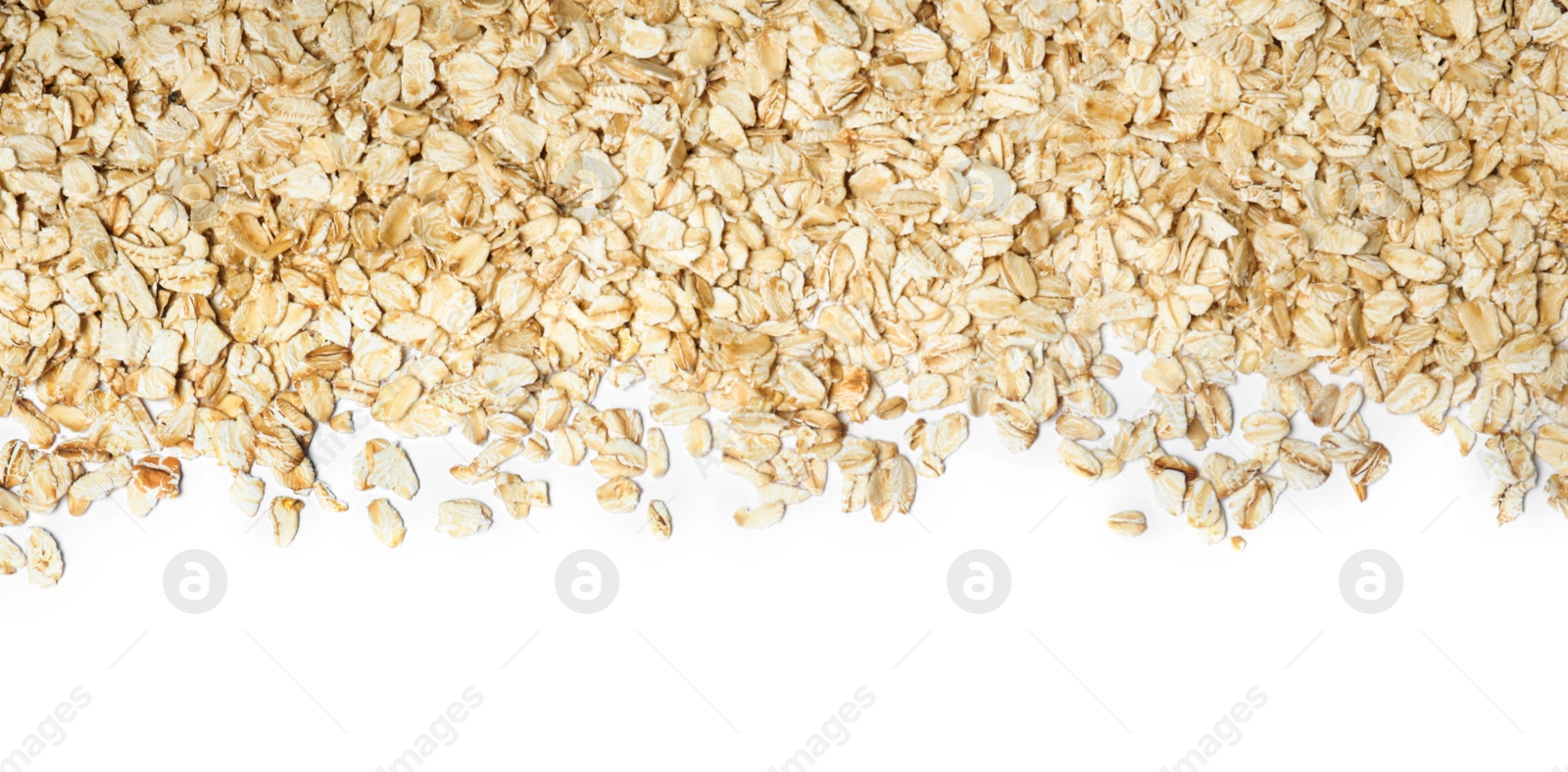 Photo of Raw oatmeal on white background, top view