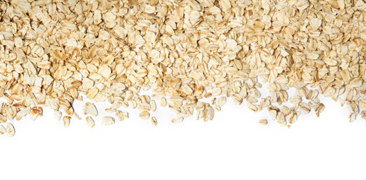 Photo of Raw oatmeal on white background, top view