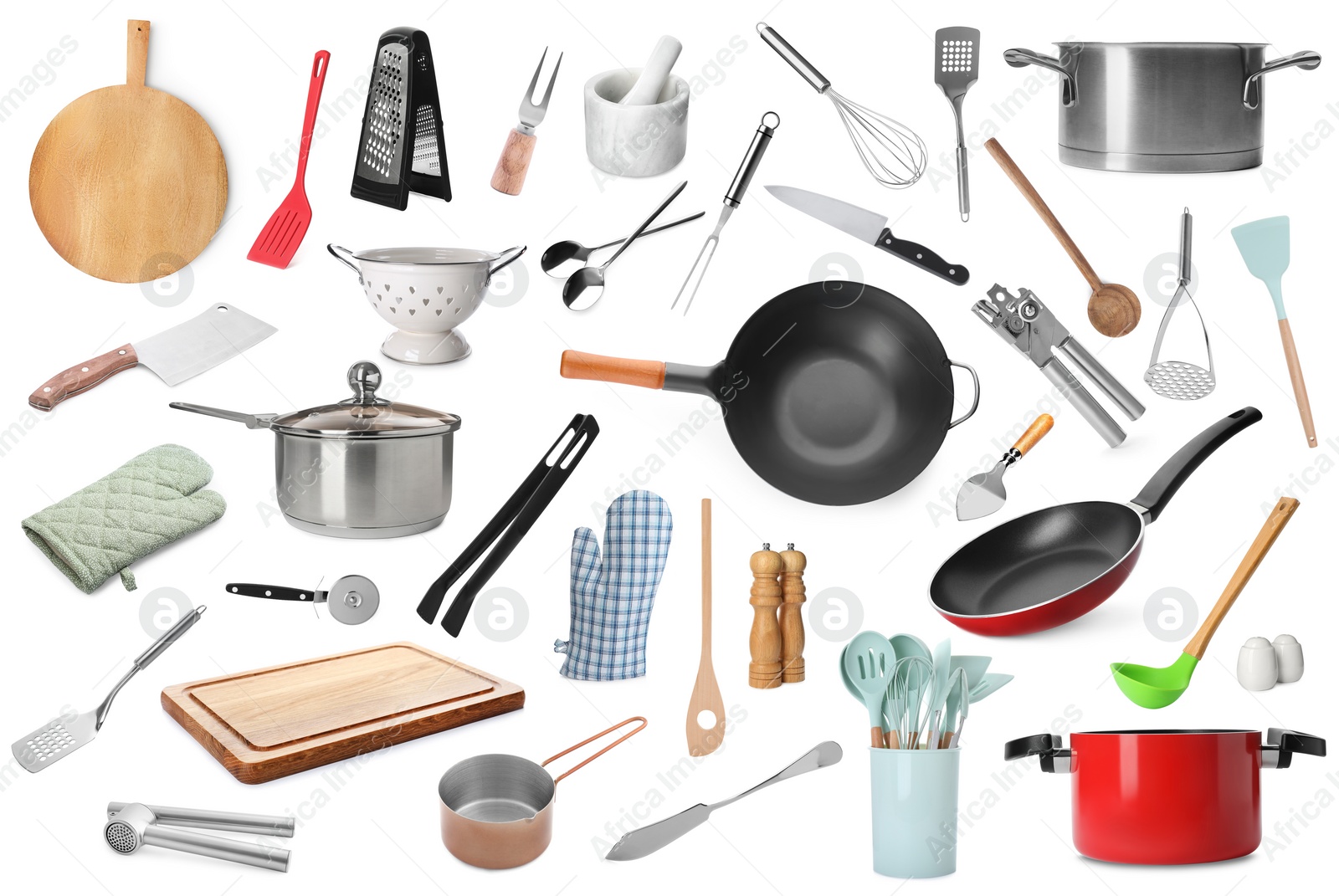 Image of Set of different kitchenware on white background