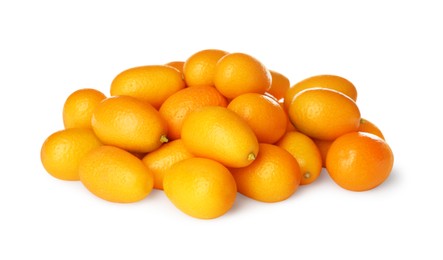 Photo of Fresh ripe kumquats on white background. Exotic fruit