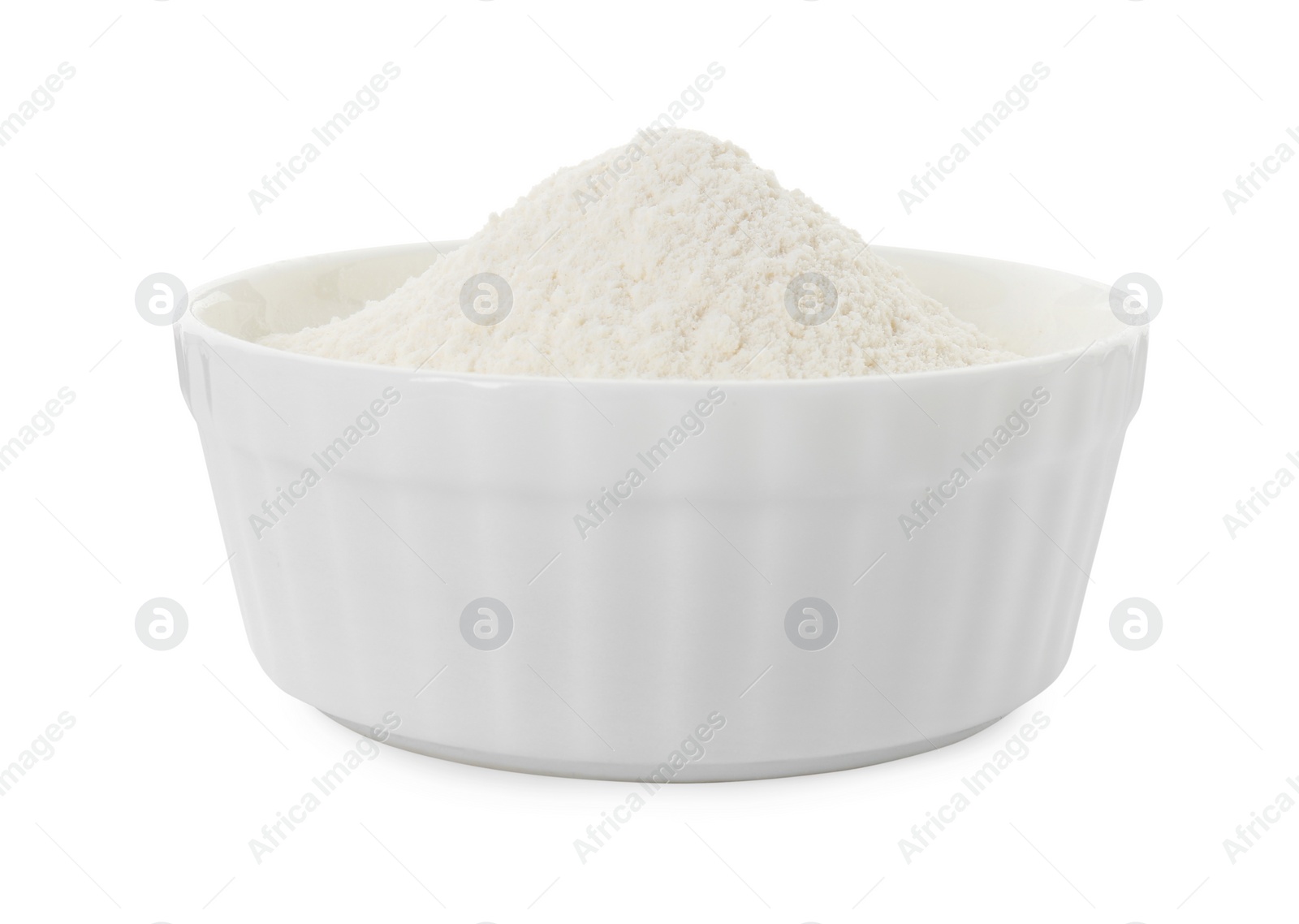 Photo of Baking powder in bowl isolated on white