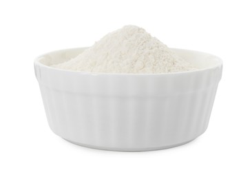 Photo of Baking powder in bowl isolated on white