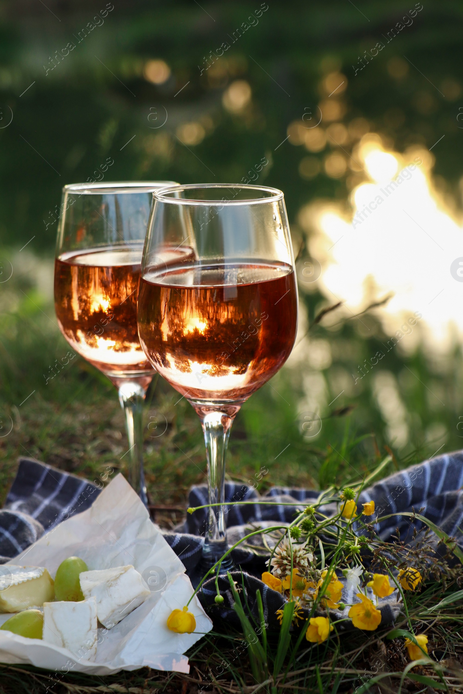 Photo of Glasses of delicious rose wine, cheese and grapes on picnic blanket near lake