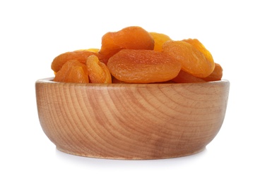 Photo of Bowl with apricots on white background. Dried fruit as healthy food