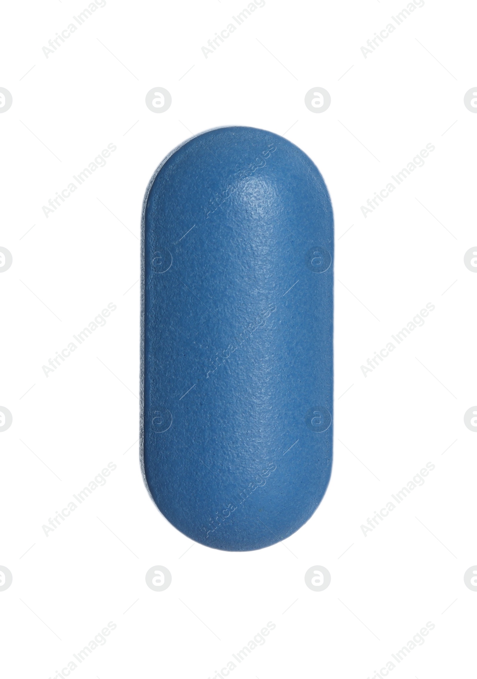 Photo of One blue pill on white background. Medicinal treatment