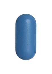 Photo of One blue pill on white background. Medicinal treatment