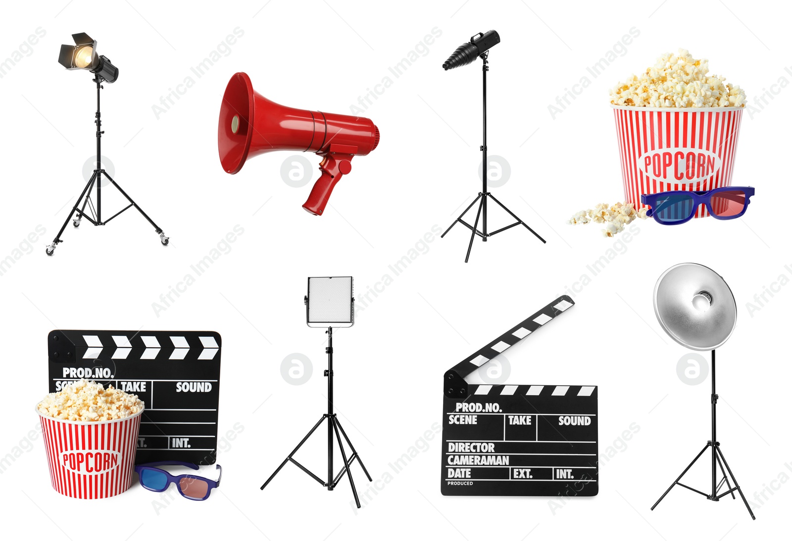 Image of Set with different cinema equipment and popcorn on white background