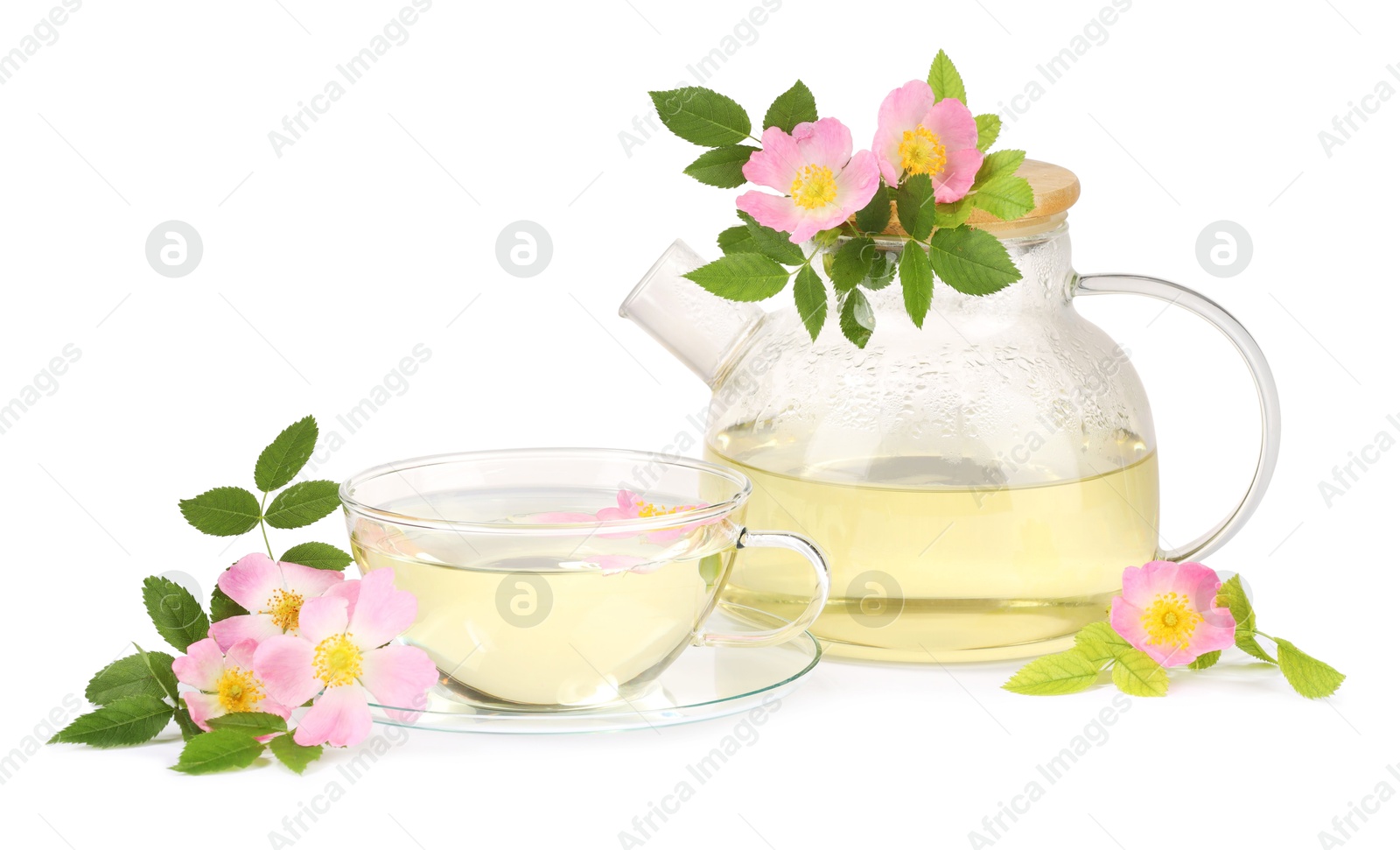 Photo of Aromatic herbal tea with rose hip flowers isolated on white