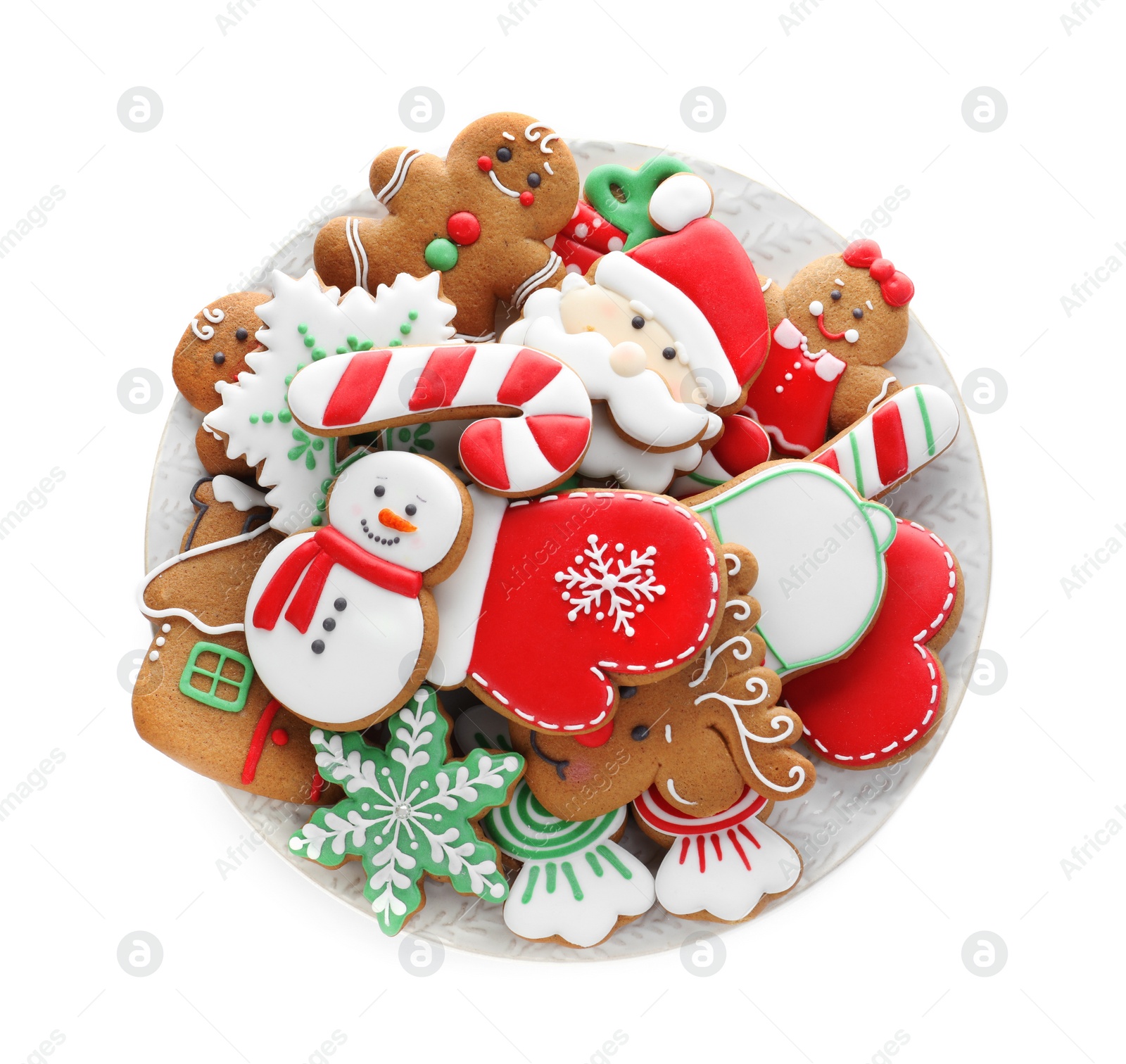 Photo of Delicious gingerbread Christmas cookies on white background, top view