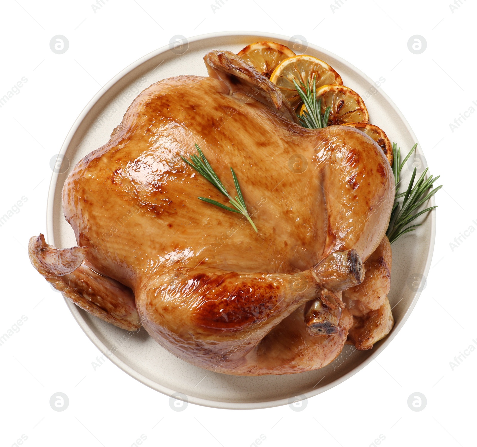 Photo of Tasty roasted chicken with rosemary and lemon isolated on white, top view