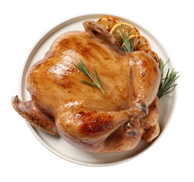 Photo of Tasty roasted chicken with rosemary and lemon isolated on white, top view