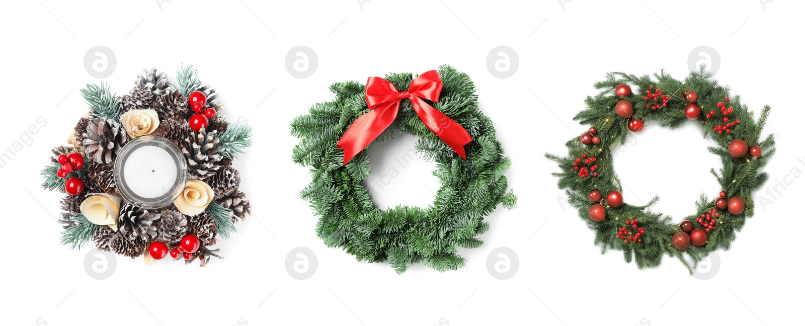 Image of Set with beautiful Christmas wreaths on white background, banner design