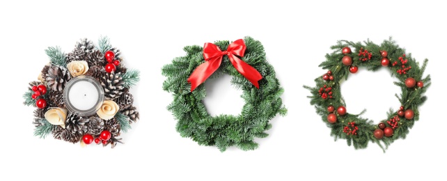 Set with beautiful Christmas wreaths on white background, banner design